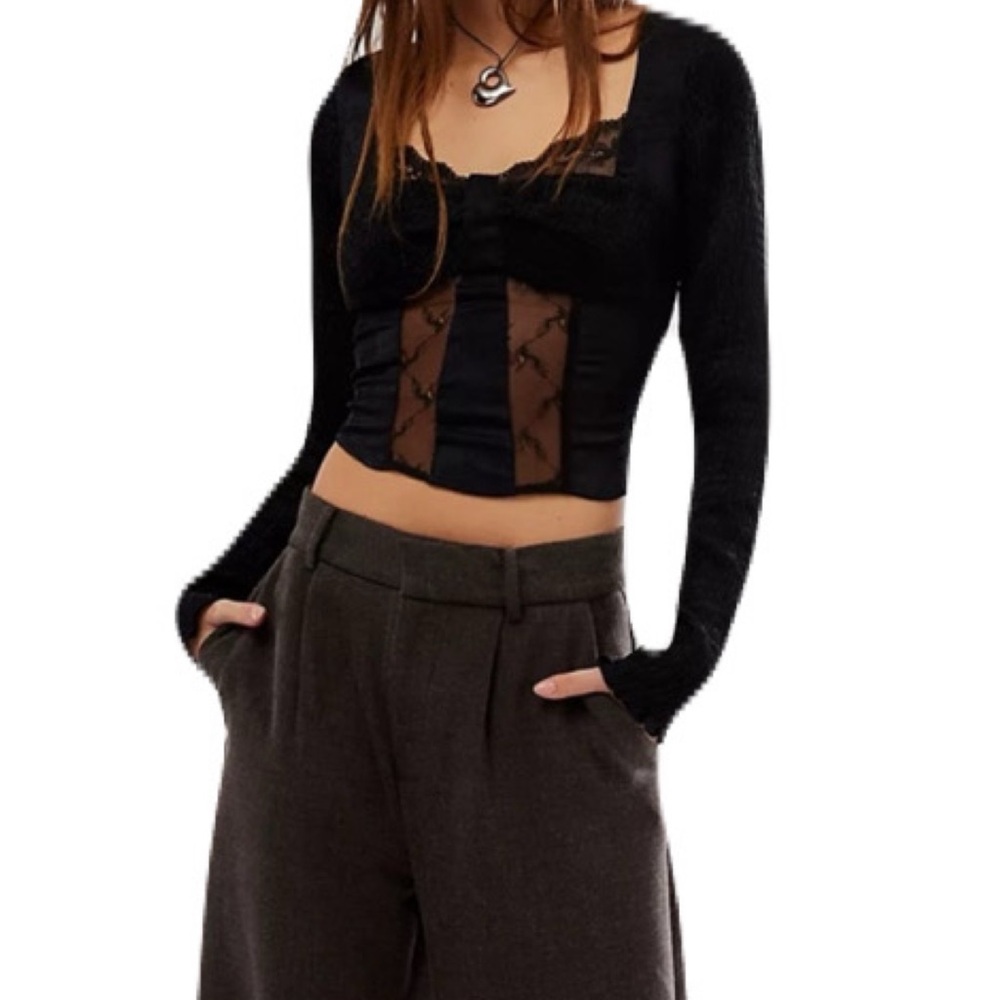 NWT Free People Black Large Long Sleeve Once You Realize Corset Cropped Top